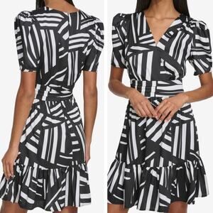 Karl Lagerfeld Dress 6 Womens Black Geometric Mini Tiered Ruffle Puff Sleeve New